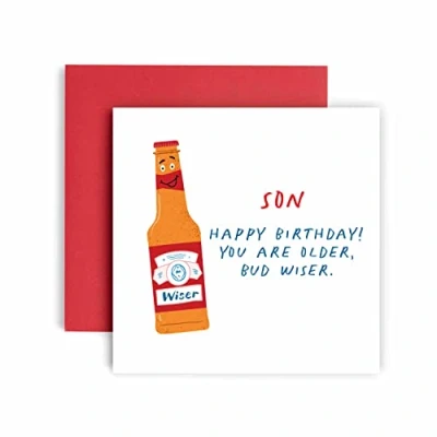 Image of Huxters Birthday Cards for Men Older Bud Wiser Son Card him Funny Fathers Day Fun Happy 14.8cm (Son)