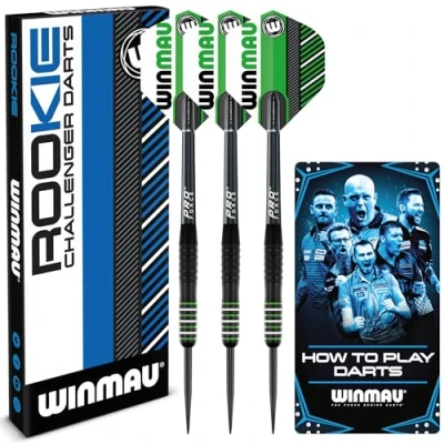 Image of WINMAU Rookie Green Steeltip Brass Darts Set Single or Multi Sets Includes Flights and Shafts (Stems) Exclusive Booklet Blue, Red