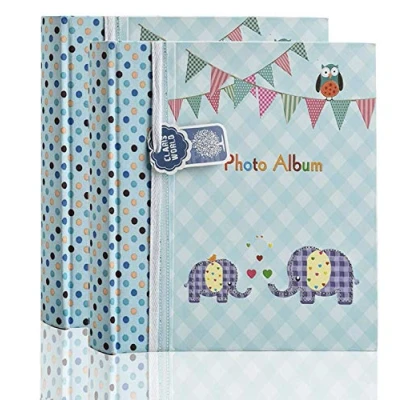 Image of 2 x Arpan 6x4 Inch Baby Slip in Case Memo Photo Album for 200 Photos Blue Elephant Kids