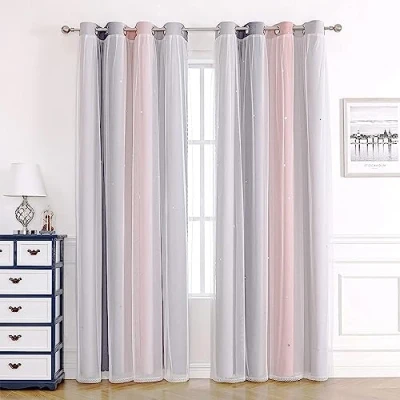 Image of Blackout Curtains for Living Room Nursery Girls Kids Bedroom Eyelet,Soundproof Thermal Winter,Voile Net Windows,2 Panel 52 x 54 inch Drop Pink Grey