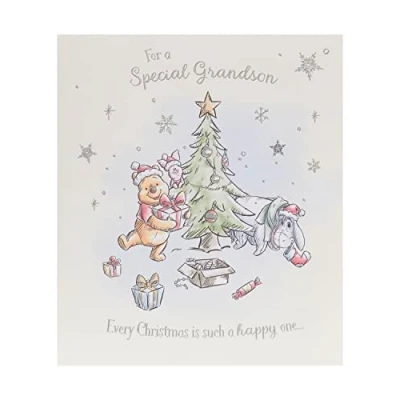 Image of UK Greetings Disney Winnie the Pooh Christmas Card for Grandson Cute Tree Design