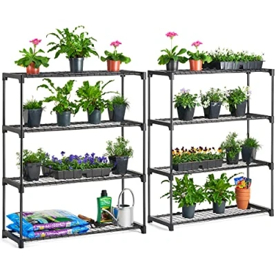 Image of CHRISTOW Greenhouse Staging 4 Tier Garden Shelving Plant Stand Rack Powder Coated Steel (107.5cm x 90cm 30cm) Double Pack