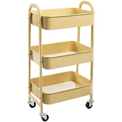 Image of DOEWORKS 3 Tier Storage Cart Rolling Trolley Metal Kitchen Beauty Utility Shelves on Wheels for Bedroom Makeup Bathroom Office, Khaki Yellow