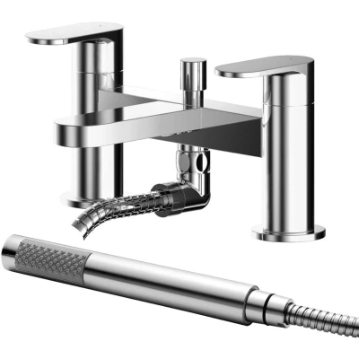 Image of nuie BIN304 Binsey Modern Bathroom Round Deck Mounted Bath Filler Tap with Lever Handles and Shower Kit, 120mm, Chrome