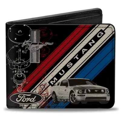 Image of Buckle Down Men&#039;s Mustang Tri bar Logo Diagonal Stripe Blueprint Black Wallet, Multicolor, 4.0&quot; x 3.5&quot;