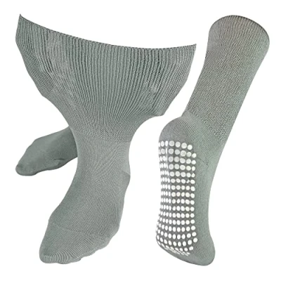 Image of Dr.Socks Extra Wide Oedema Socks with Non Slip Grips Mens &amp; Ladies Bamboo Slipper Grippers for Swollen Legs Ankles Feet (12 14, Grey)