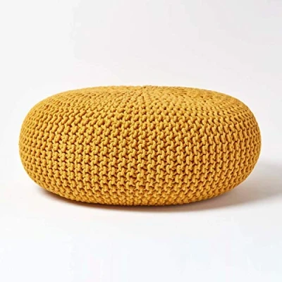 Image of HOMESCAPES Mustard Knitted Pouffe Footstool Occasional Seat Bean Filled 100% Cotton for Living Room Children or the Elderly