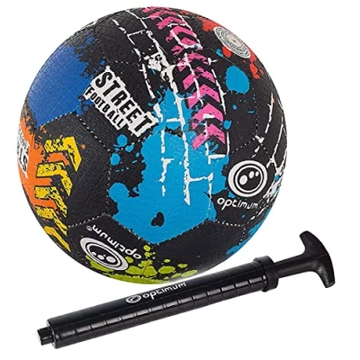 Image of Optimum Unisex Street Football Top Grade Durable Korean Rubber, Long Lasting Tire Grip, Ideal for Concrete &amp; Asphalt, All Weather, Multi Colour,Size 5 With Pump