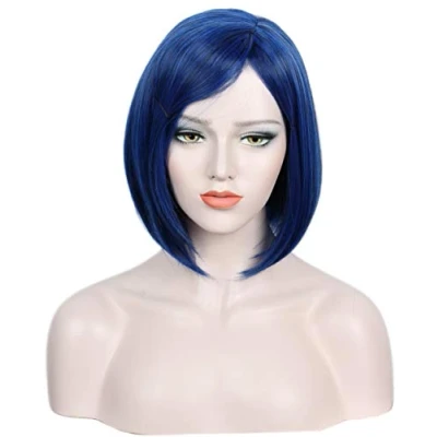 Image of Linfairy Coraline Cosplay Dark Blue Bob Short Straight Synthetic Wig for Women Halloween Costume Party