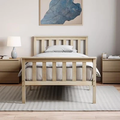 Image of Vida Designs Milan Single Bed, 3ft, Bed Frame, Solid Pine Wood, Headboard, High Foot End Bedroom Furniture,