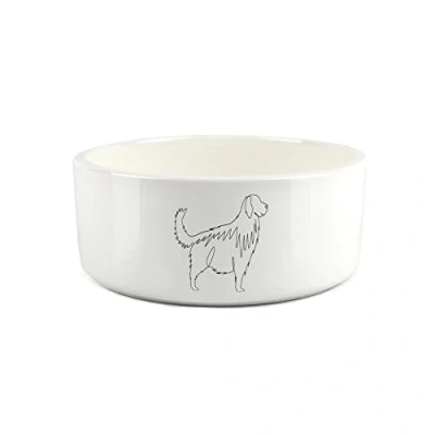 Image of Golden Retriever Dog Large Pet Food Bowl Fine Line Drawing Ceramic White Water Dish For Dogs