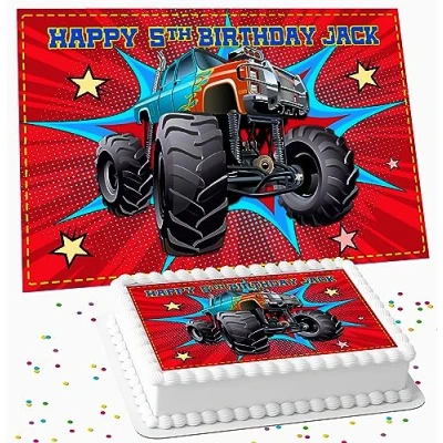 Image of MONSTER TRUCK BIRTHDAY PARTY ICING EDIBLE COSTCO CAKE TOPPER R2 B001