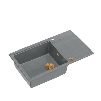Image of QUADRON Sink Grey &amp; Copper Size 86 x 50 21 cm Granite Evan 136 XL Single Bowl Kitchen with Manual Siphon and Draining Board 1 Built in