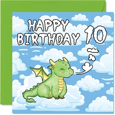 Image of 10th Birthday Card Unisex Cute Dragon Happy 10 Year Old, 145mm x Greeting for Son Daughter Brother Sister Grandson Granddaughter Niece Nephew Cousin