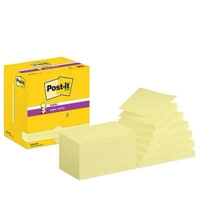 Image of Post it Super Sticky Z Notes Canary Yellow, Pack of 12 Pads, 90 Sheets per Pad, 76 mm x 127 Extra For Note Taking, To Do Lists &amp; Reminders