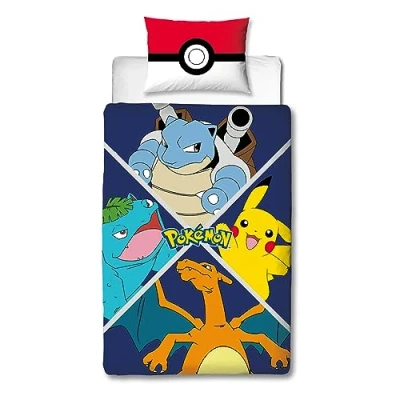 Image of Character World Pokemon Officially Licensed Divide Design Single Duvet Cover Set Reversible 2 Sided Pikachu Characters Bedding Including Matching Pillow Case Perfect For Kids Bedroom Polycotton