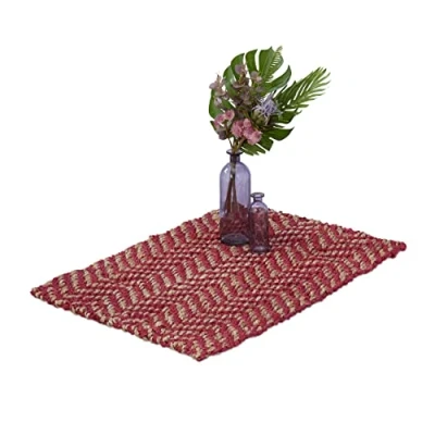 Image of Relaxdays Jute Rug, 60 x 90 cm, Handwoven Mat, Natural Fibres, Hallway Runner, Living Room, Kitchen, Red/Beige