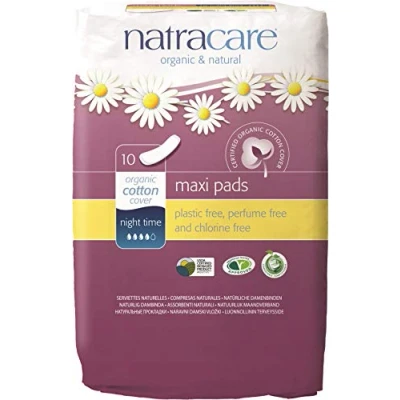 Image of Natracare Maxi Pads Night Time Without Wings, Organic Cotton Cover 12 x 10 (120 Total)