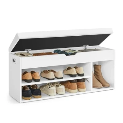 Image of VASAGLE Shoe Bench with Cushion, Storage Padded Seat, 3 Compartments, Hidden Storage, Shelves, Living Room Lounge Hallway Bedroom, Load Capacity 150 kg, White LHS130W14