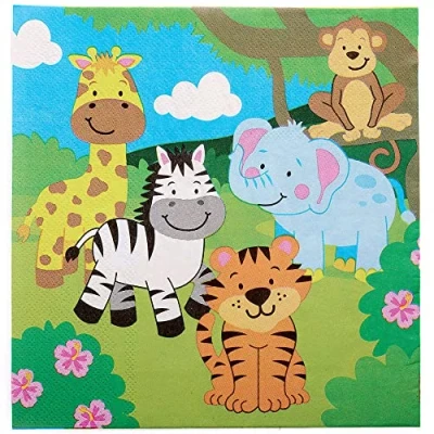 Image of Baker Ross FX103 Jungle Chums Party Napkins Pack of 20 Napkins, Kids Paper Disposable Birthday Tableware, 33cm x