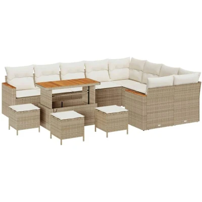 Image of vidaXL 13 Piece Garden Sofa Set with Cushions Beige Poly Rattan Acacia