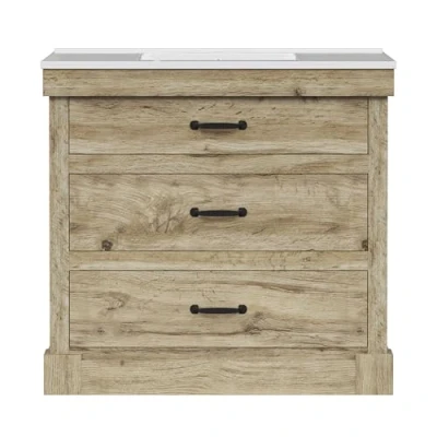 Image of Teamson Home Donovan Single Bathroom Vanity with Integrated Square Sink Basin and Two Drawers, Light Oak H865mm x W915mm