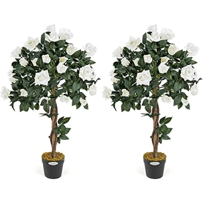 Image of CHRISTOW 2 Artificial Rose Trees Cream Flowers Twisted Trunk Potted Indoor Outdoor 3ft (Pair)