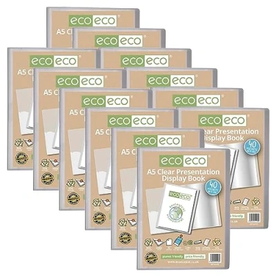 Image of eco A5 Size 50 Percent Recycled 40 Pocket Clear Presentation Display Book, Storage Case Portfolio Art Folder with Plastic Sleeves, Pack of 12, eco128x12