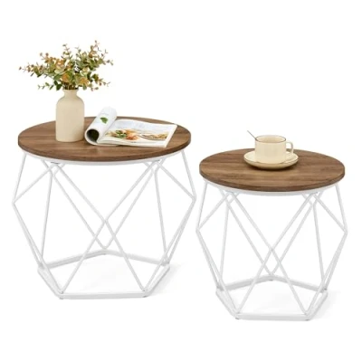 Image of VASAGLE Round Coffee Table, Set of 2, Side Sofa End, Modern Style, Removable Top, Steel Frame, for Living Room, Honey Brown and Cloud White LET040K41