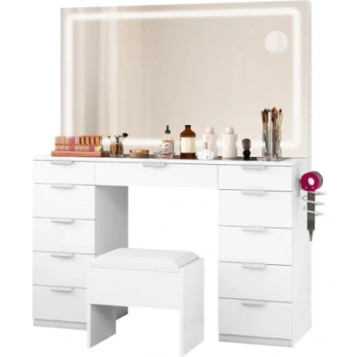 Image of YITAHOME Dressing Table &amp; Stool set,Vanity w/ 3 Color LED Lights Mirror,Lights Brightness Adjustable,Transparent Glass Top Makeup with 11 Drawers,Power Outlet,Whtie Desk for Bedroom