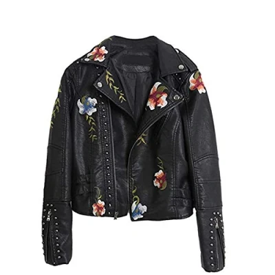 Image of Floral Leather Jacket,Classic Biker Jacket,Women&#039;s Embroidered Faux Moto Jacket Coat Slim Fitted Zip Up Short Outwear (Black, M)