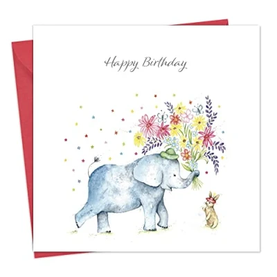 Image of Twizler Birthday Card Elephant &amp; Rabbit Happy for Women or Men Her Him Wife Husband Girlfriend Boyfriend Partner