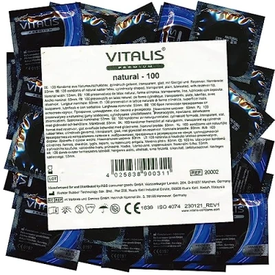 Image of VITALIS 100 Condoms Pack Natural I Nominal Width 53 mm Coloured Premium with Silicone Based Lubricant Ultra Soft for Men