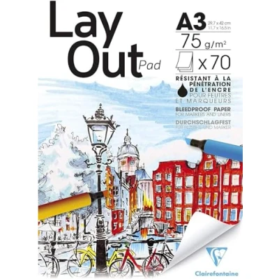 Image of Clairefontaine Ref 96534C Layout Glued Pad (70 Sheets) A3 (297 x 420mm) in Size, 75gsm Extra White Smooth Paper, Bleedproof Paper Suitable for Pens &amp; Alcohol Markers