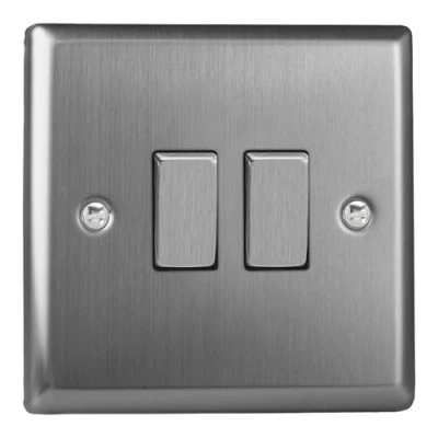 Image of Varilight XT77D Classic Brushed Steel 2 Gang 10A Intermediate Rocker Light Switch Metal Rockers