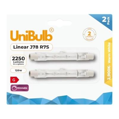Image of UniBulb Halogen Floodlight Light Bulb R7S J28 78mm Linear 2250 lumens 120W 2900K (Warm White) Dimmable Pack of 2