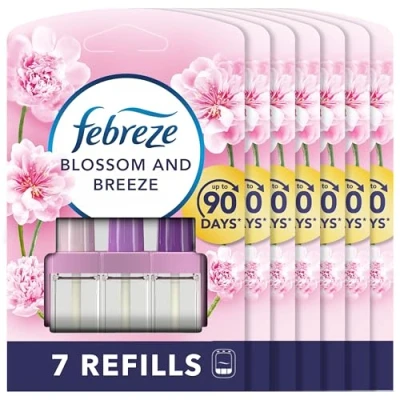 Image of Febreze 3Volution Plug In Air Freshener Refill, 20ML X 7, Odour Eliminator &amp; Bathroom Freshener, Blossom Breeze