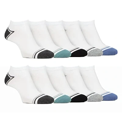 Image of Farah 10 Pairs Mens Bamboo Trainer Socks Striped Cushioned Ankle (6 11, White)