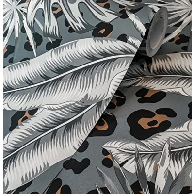 Image of Wallpaper Empire Designer Tropical Leopard Skin Duck Egg/Gold Metallic