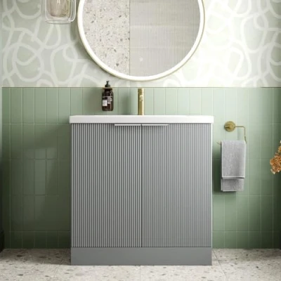 Image of BAYSTONE® Fluted 800mm Freestanding Vanity Unit with Basin Sink Bathroom Storage Cabinet Cupboard Grey
