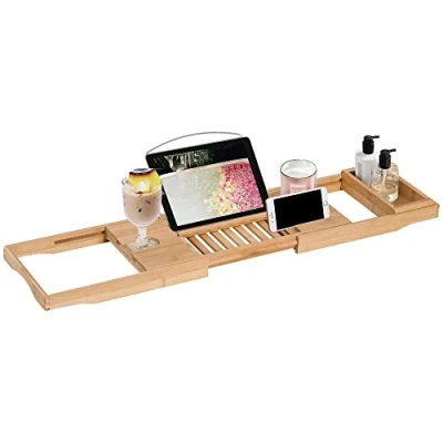 Image of HOMCOM Extendable Bamboo Bathtub Shelf Rack Bath Caddy Tray Bathroom Storage
