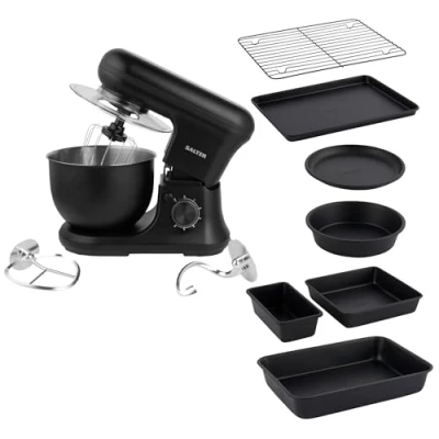 Image of Salter COMBO 9359 Kuro Stand Mixer Electric Whisk with 7 Piece Stackable Bakeware Set, Dough Hook &amp; Beater Attachments, 6 Speeds/Pulse, Non Stick Baking Trays Cooling Rack, Compact Storage, Black
