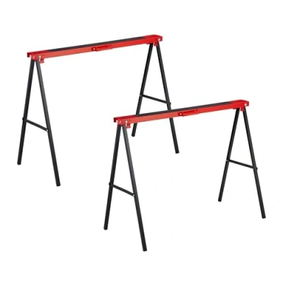 Image of Set of 2 Sawhorses, Folding, 100 kg, 78 x 49 cm, Workbench Trestle, Wallpapering &amp; diy, Metal, Red/Black Relaxdays