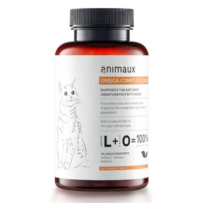 Image of animaux Omega complete for cats fish oil tablets I 3,6 &amp; 9 fatty acids to support metabolism, bone structure BARF supplement with salmon skin coat 120 chewable