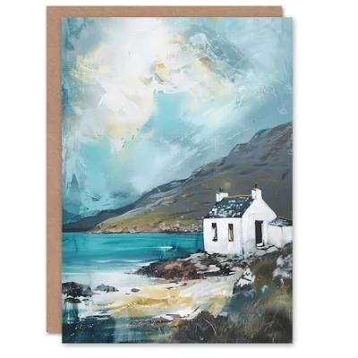 Image of Artery8 White Scottish Cottage Loch Hills Oil Painting Greeting Birthday Card Him Her All Blank