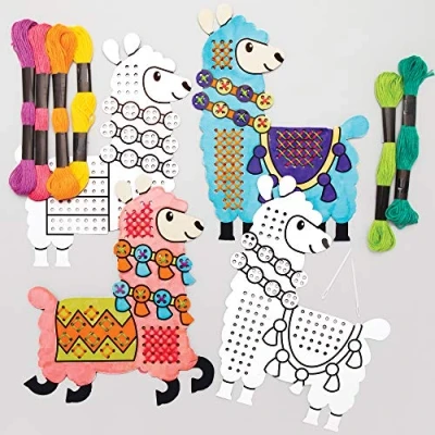 Image of Baker Ross AT510 Lovely Llama Colour in Cross Stitch Kits Pack of 5, Embroidery for Beginners, Ideal Kids Arts and Crafts Project
