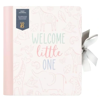 Image of Busy B Pink Baby Journal Spiral bound with Ribbon Closure and Four Tabbed Scetions for Photos. Milestones Memories, Handy Pockets Storing Keepsakes Stickers FSC® Certified