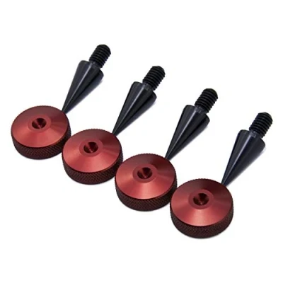 Image of Black M8 Speaker Spikes &amp; Red 20mm dia knurled Spike Pads Set of 4