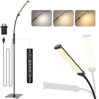Image of Mojimdo LED Floor Lamp, Touch Control Bright Lamps, Dimmable 3 Color Modes&amp;10 Brightness Standing Gooseneck Reading Lamp for Living Room Bedroom Office 10W USB Adapter Included