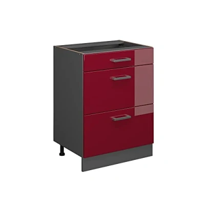 Image of Vicco Kitchen base cabinet Raul, Bordeaux High Gloss/Anthracite, 60 cm with drawers, without worktop